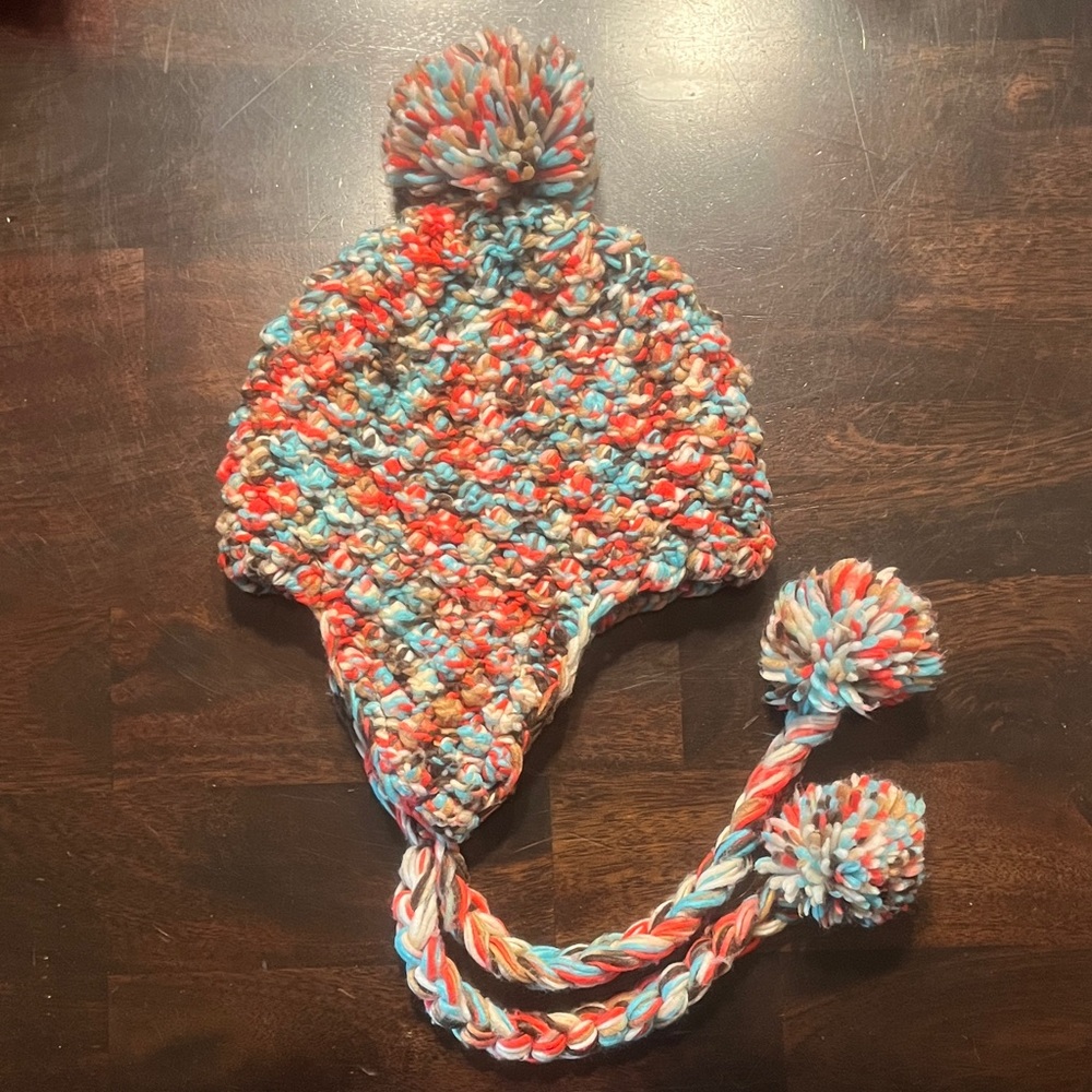 OP Knit Hat with Pom-Pom Ties & Brown Fleece Lining